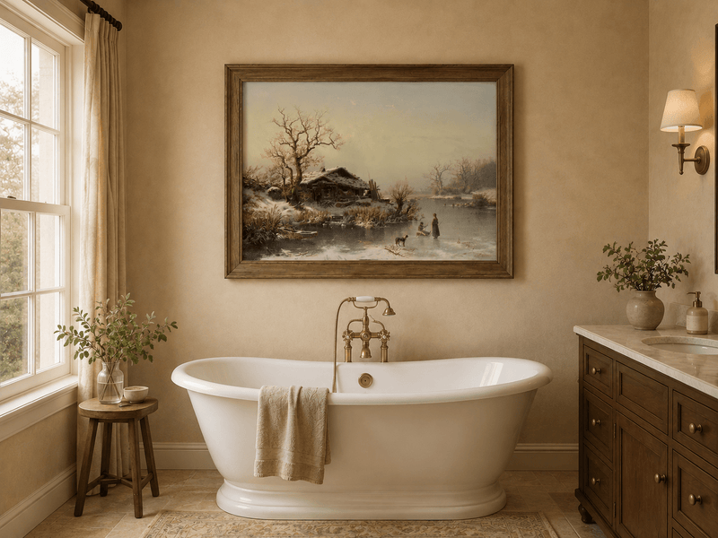 Landscape Oil Painting - Winter Lakeside Cottage Figures