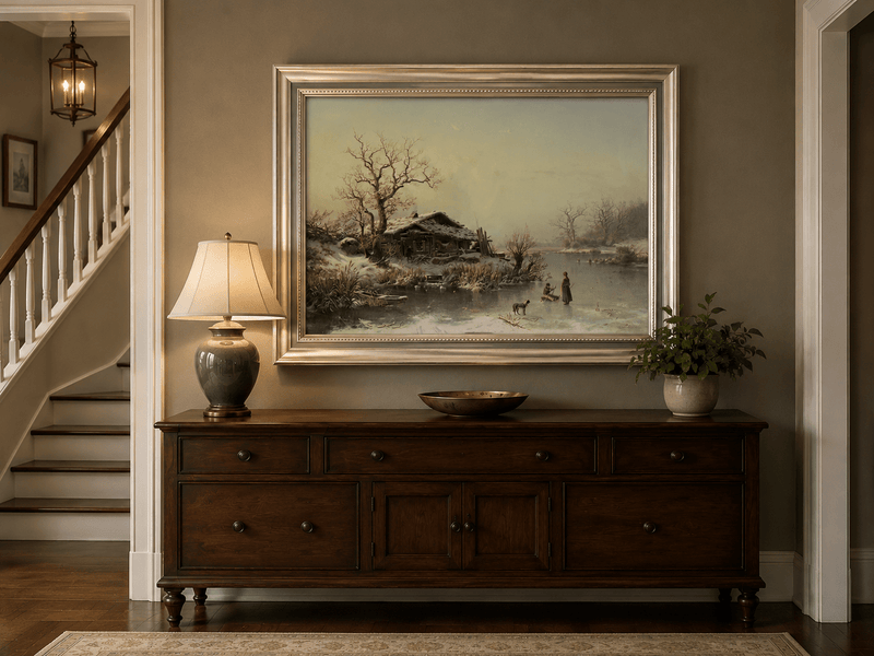 Landscape Oil Painting - Winter Lakeside Cottage Figures