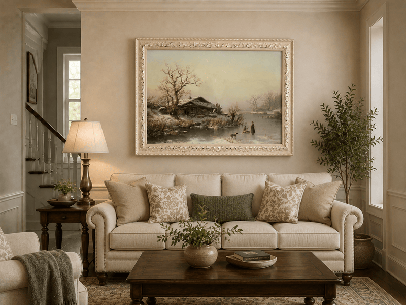 Landscape Oil Painting - Winter Lakeside Cottage Figures