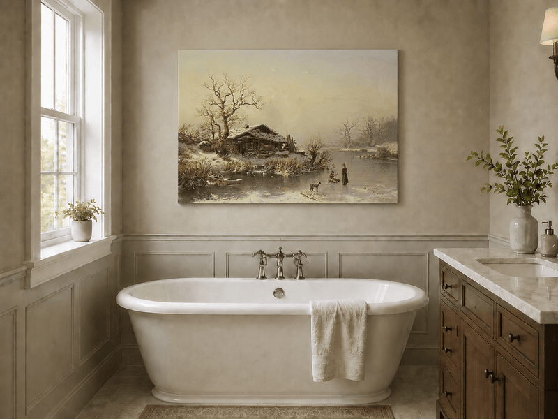 Landscape Oil Painting - Winter Lakeside Cottage Figures
