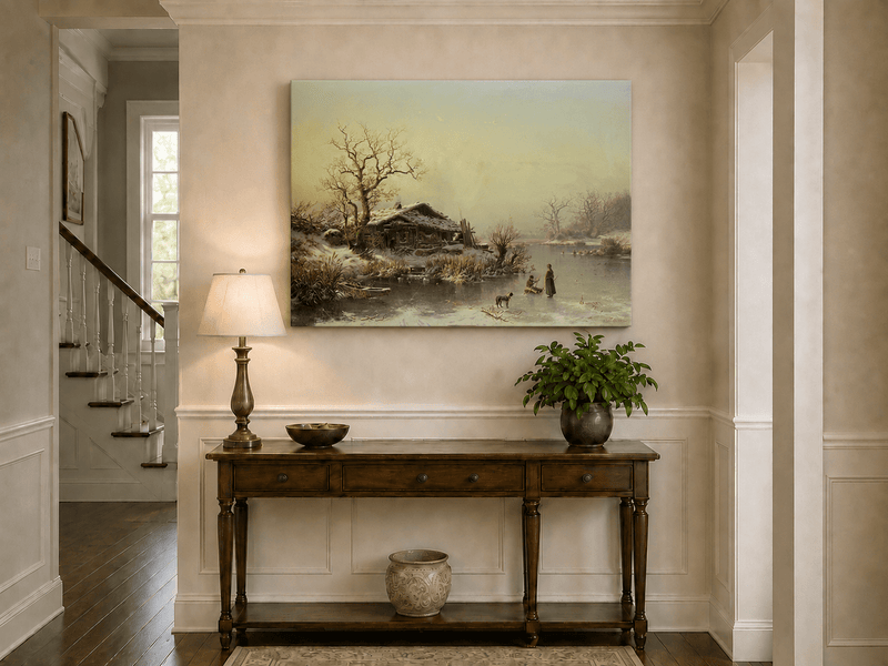 Landscape Oil Painting - Winter Lakeside Cottage Figures