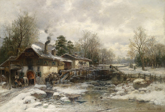 Landscape Oil Painting - Winter Mill, Snowy Cottage, Waterwheel & Horses - Oil Painting Haven