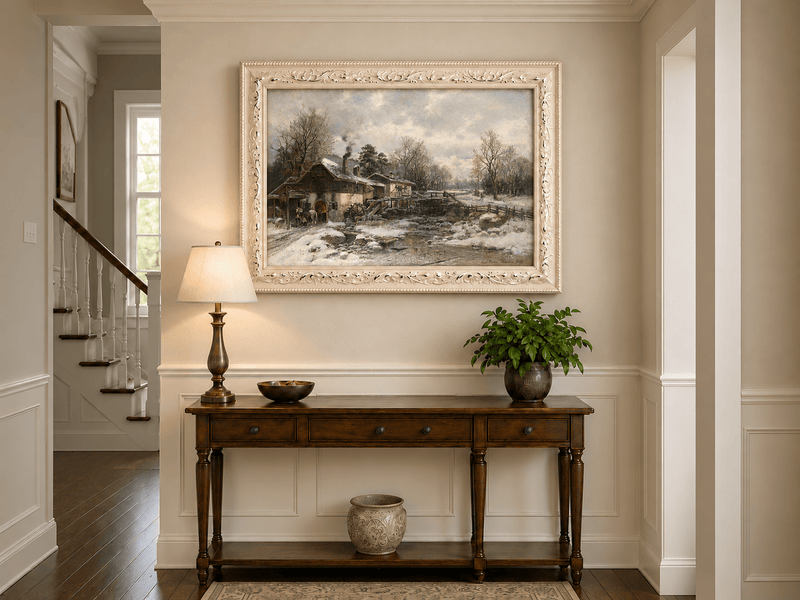 Landscape Oil Painting - Winter Mill, Snowy Cottage, Waterwheel