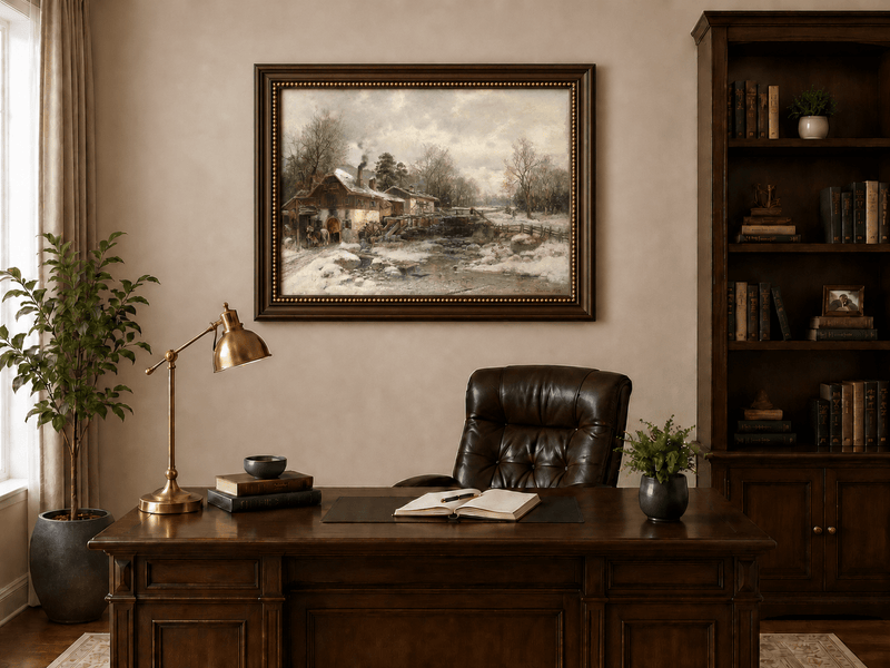 Landscape Oil Painting - Winter Mill, Snowy Cottage, Waterwheel