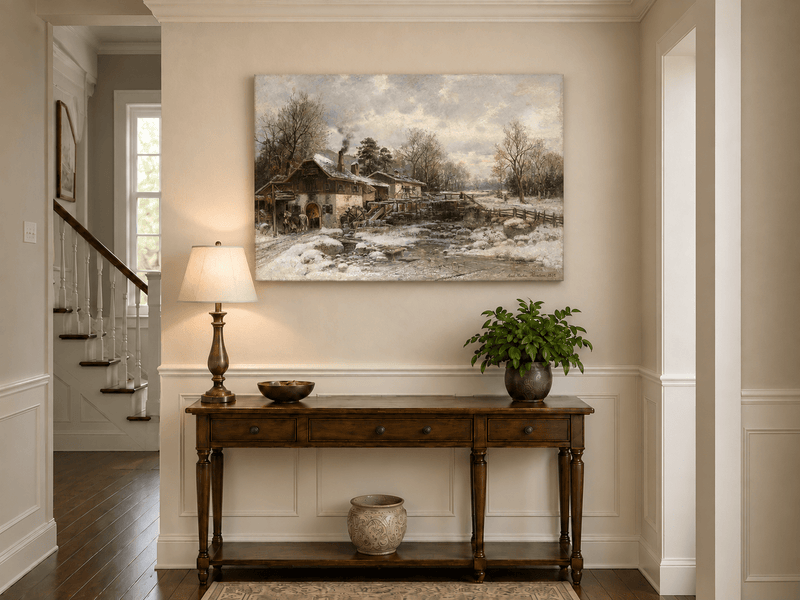 Landscape Oil Painting - Winter Mill, Snowy Cottage, Waterwheel
