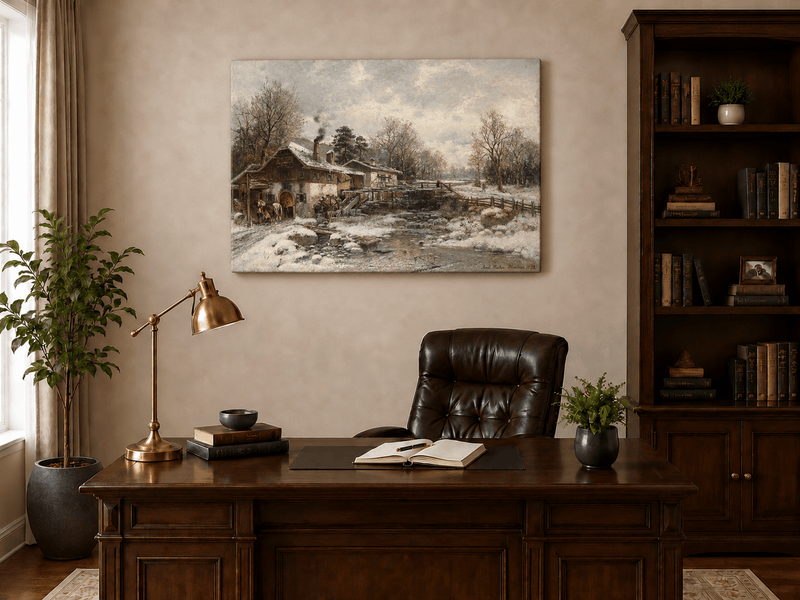Landscape Oil Painting - Winter Mill, Snowy Cottage, Waterwheel