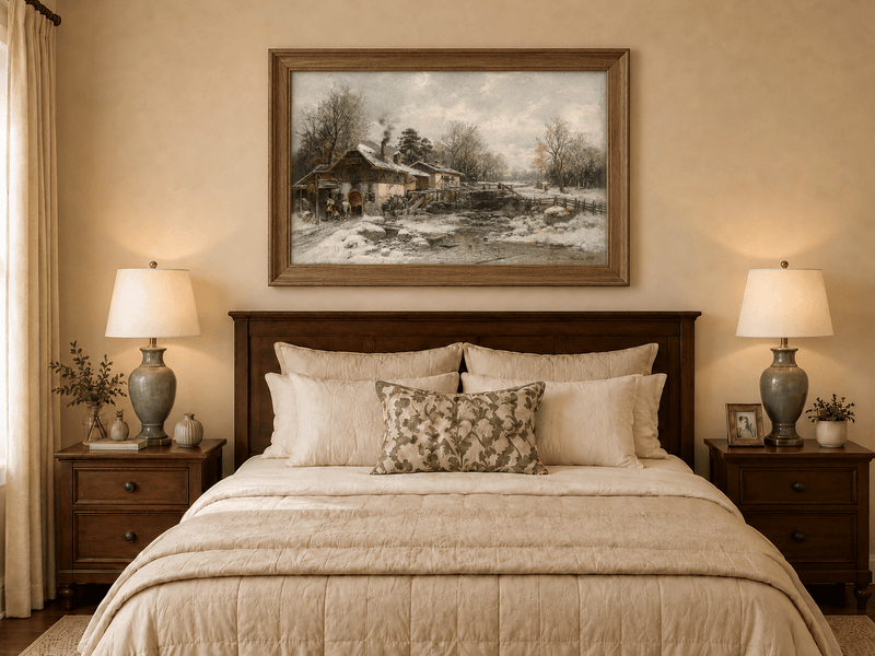 Landscape Oil Painting - Winter Mill, Snowy Cottage, Waterwheel