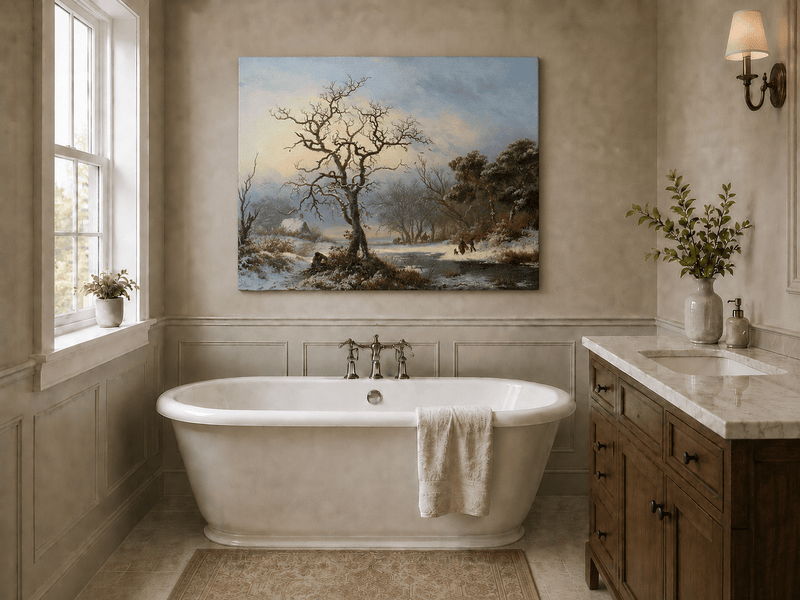 Ölgemälde Landschaft - Winterliche Flusslandschaft mit kahlem Baum