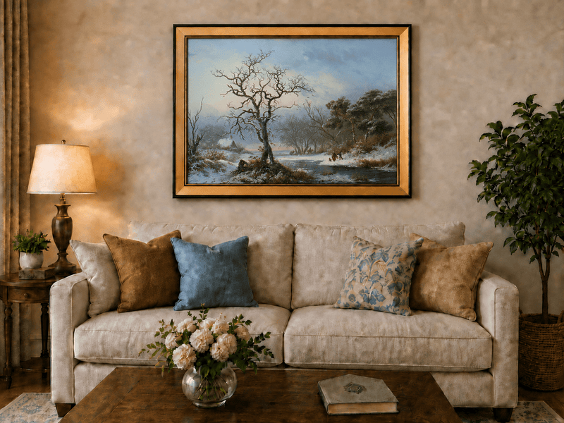 Ölgemälde Landschaft - Winterliche Flusslandschaft mit kahlem Baum