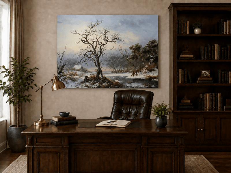 Ölgemälde Landschaft - Winterliche Flusslandschaft mit kahlem Baum