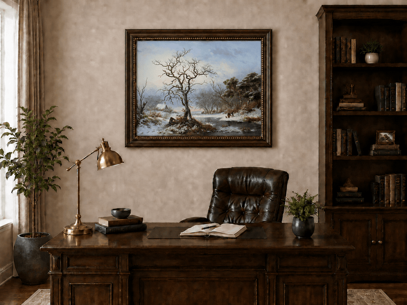 Ölgemälde Landschaft - Winterliche Flusslandschaft mit kahlem Baum