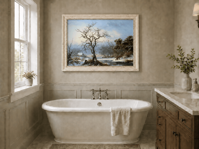 Ölgemälde Landschaft - Winterliche Flusslandschaft mit kahlem Baum