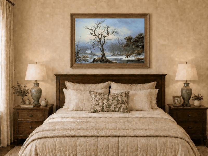 Ölgemälde Landschaft - Winterliche Flusslandschaft mit kahlem Baum