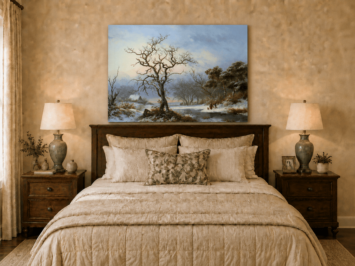 Ölgemälde Landschaft - Winterliche Flusslandschaft mit kahlem Baum