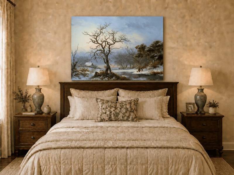 Ölgemälde Landschaft - Winterliche Flusslandschaft mit kahlem Baum