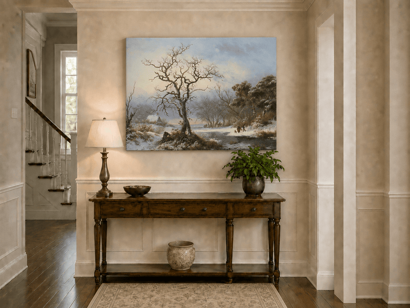 Ölgemälde Landschaft - Winterliche Flusslandschaft mit kahlem Baum