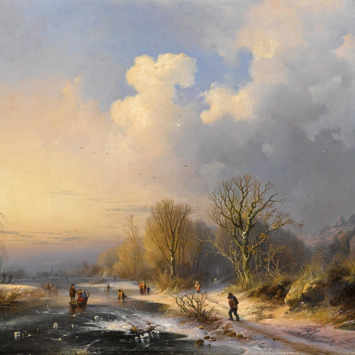 Landscape Oil Painting - Winter river partly frozen waters & sunset skie - Oil Painting Haven