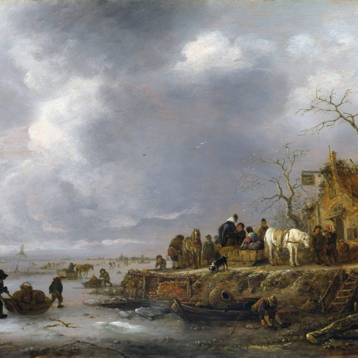 Landscape Oil Painting - Winter River Scene with Figures & Horses - Oil Painting Haven