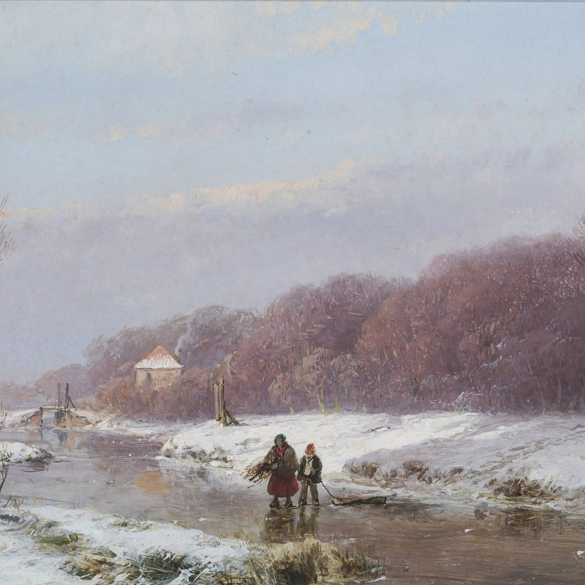 Landscape Oil Painting - Winter River with Figures & Snow - Oil Painting Haven