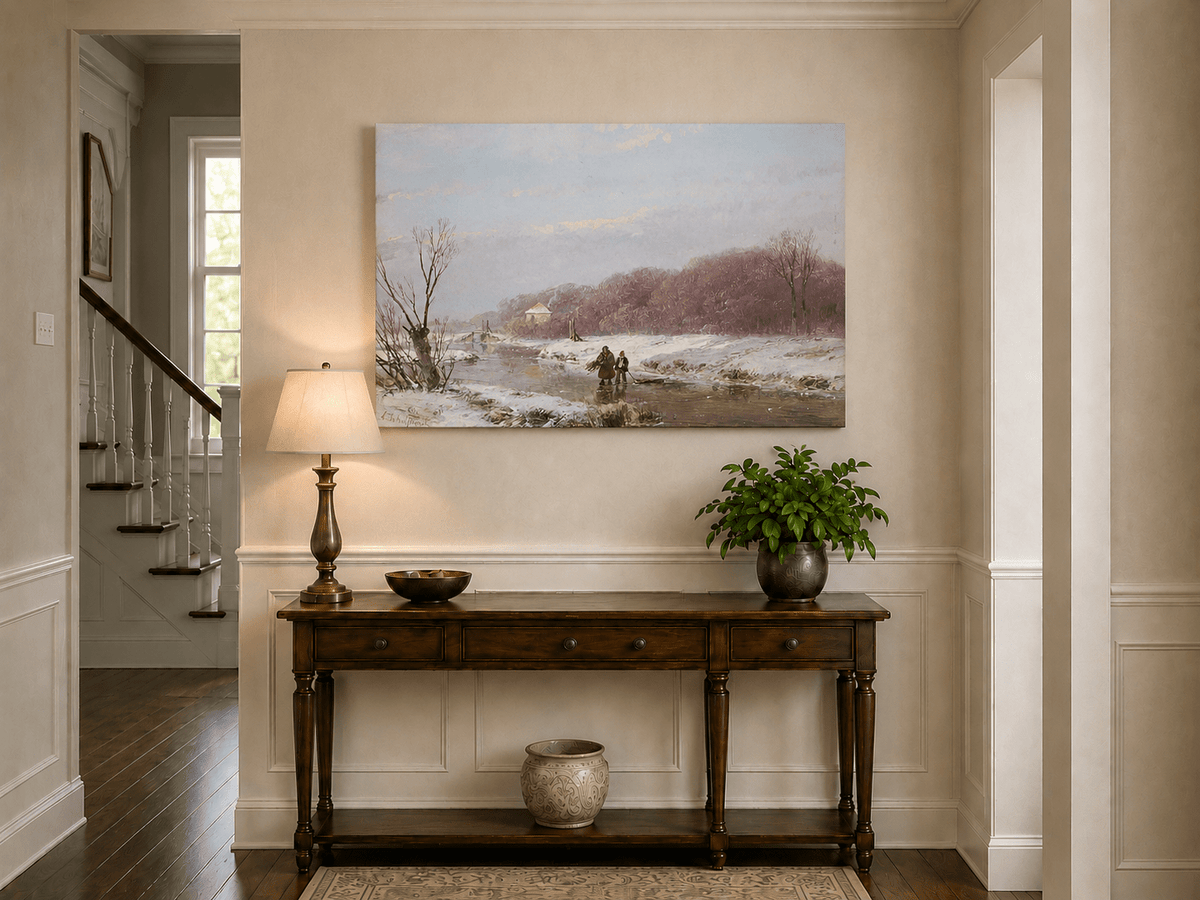 Landscape Oil Painting - Winter River with Figures & Snow
