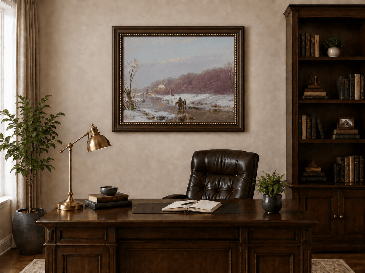 Landscape Oil Painting - Winter River with Figures & Snow