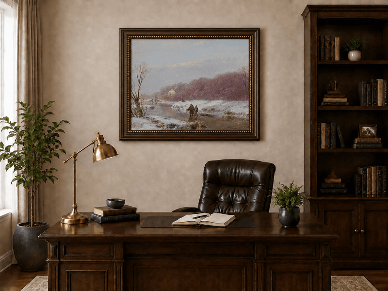 Landscape Oil Painting - Winter River with Figures & Snow