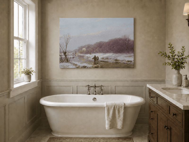 Landscape Oil Painting - Winter River with Figures & Snow