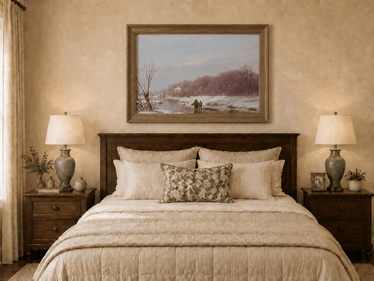 Landscape Oil Painting - Winter River with Figures & Snow