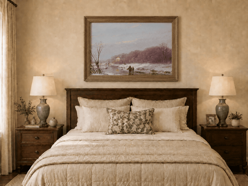 Landscape Oil Painting - Winter River with Figures & Snow