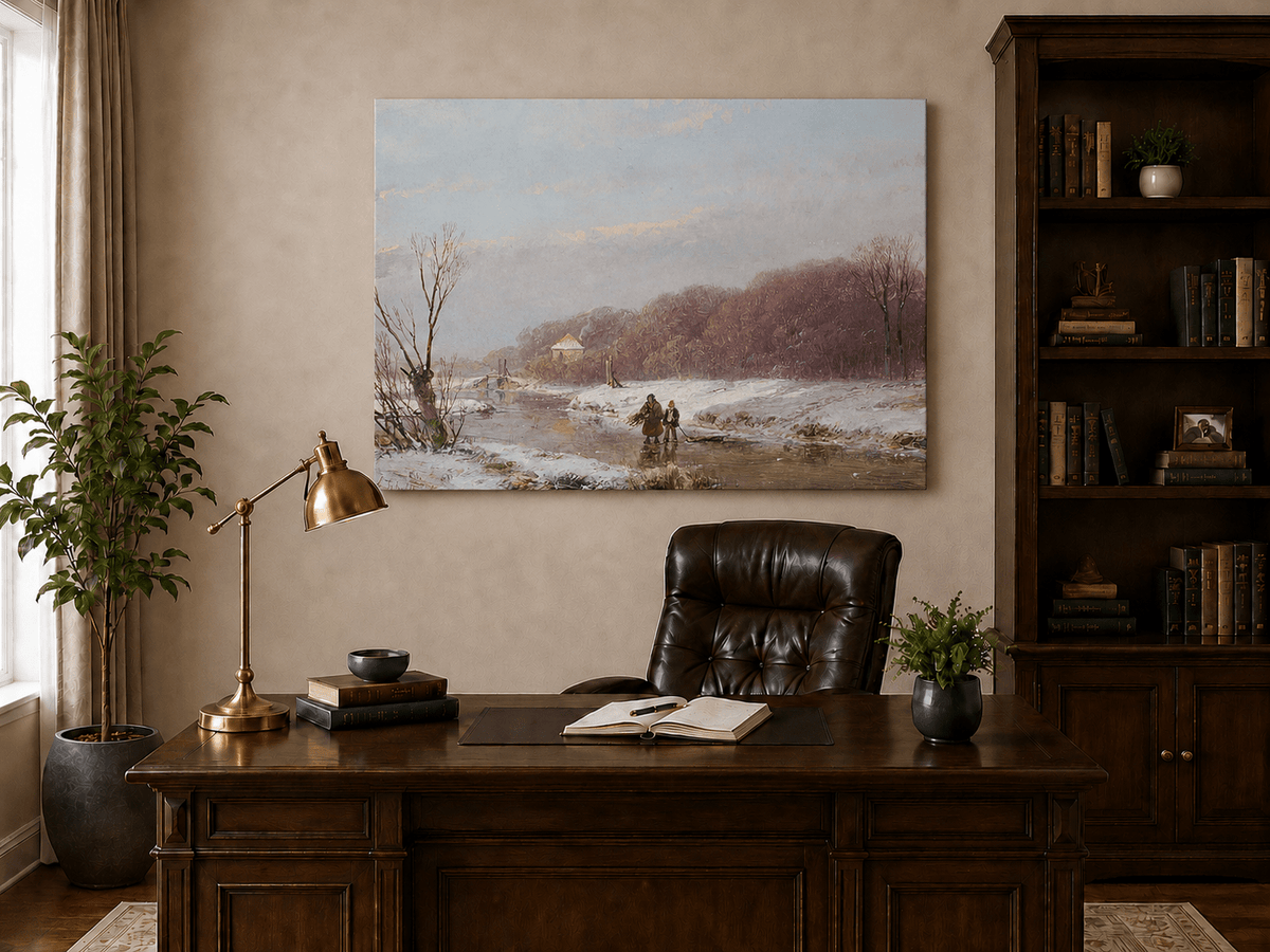 Landscape Oil Painting - Winter River with Figures & Snow