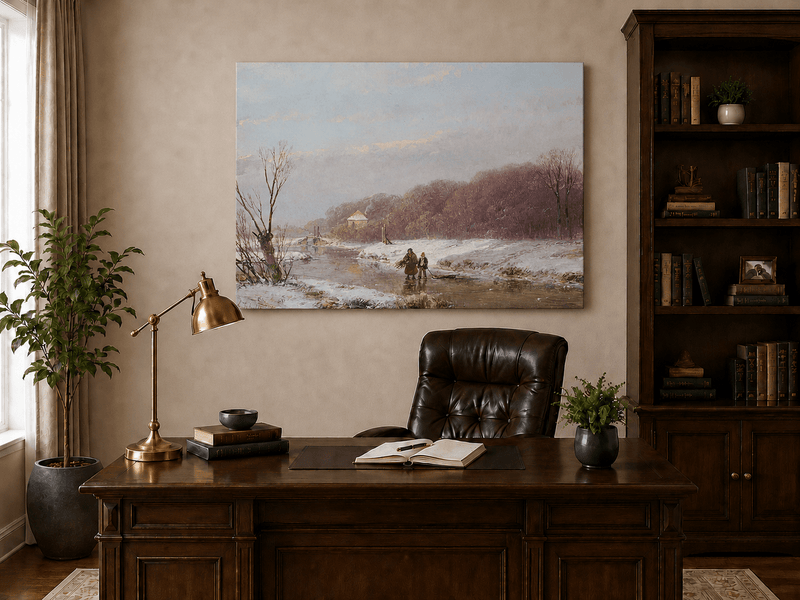Landscape Oil Painting - Winter River with Figures & Snow