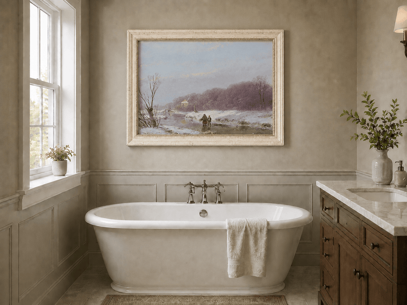 Landscape Oil Painting - Winter River with Figures & Snow