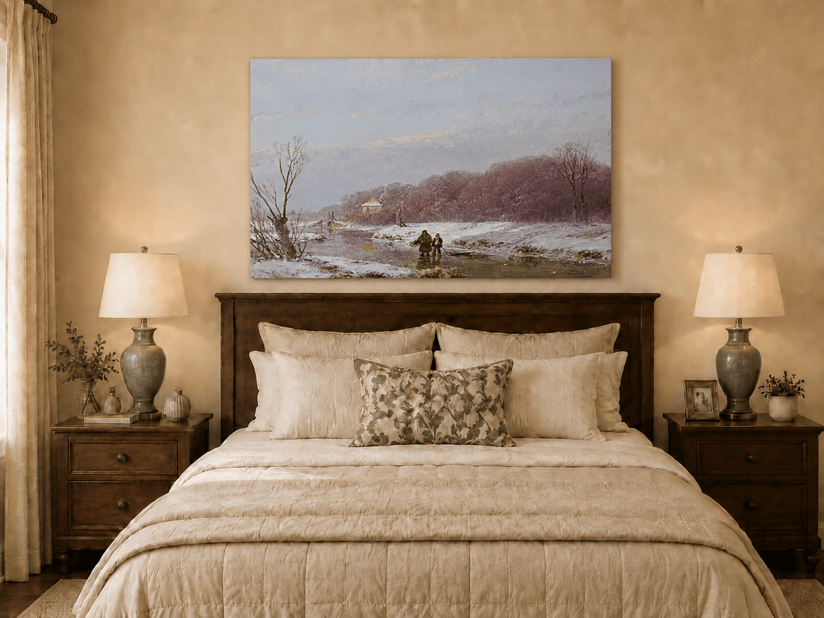 Landscape Oil Painting - Winter River with Figures & Snow