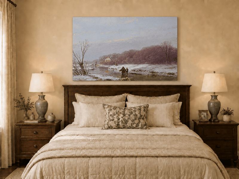 Landscape Oil Painting - Winter River with Figures & Snow