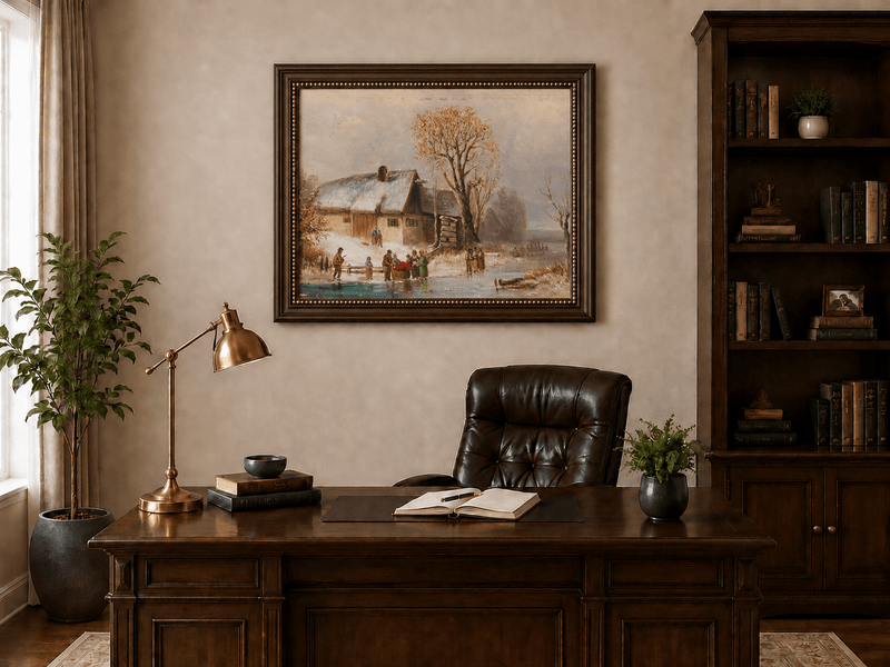Landscape Oil Painting - Winter Riverside Cottage with Figures