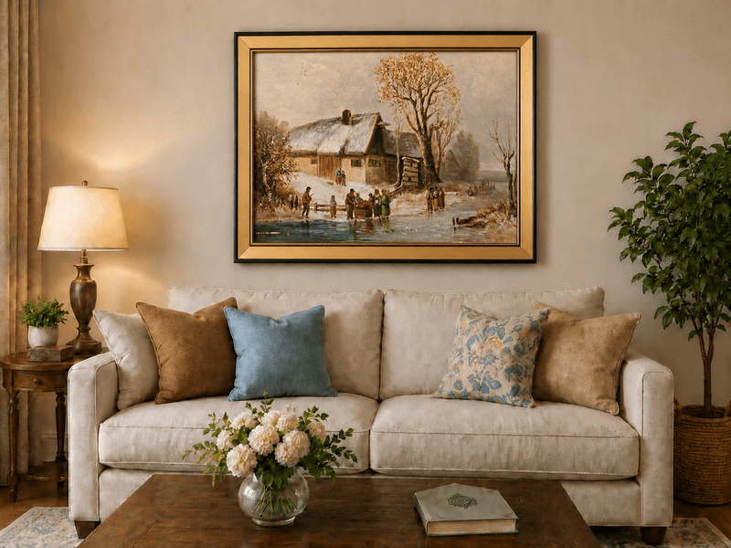 Landscape Oil Painting - Winter Riverside Cottage with Figures