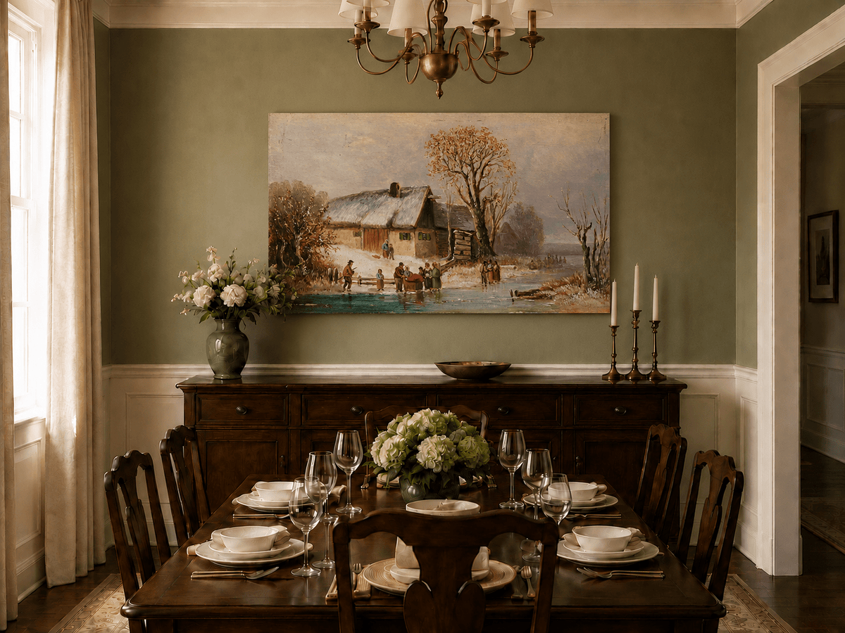 Landscape Oil Painting - Winter Riverside Cottage with Figures