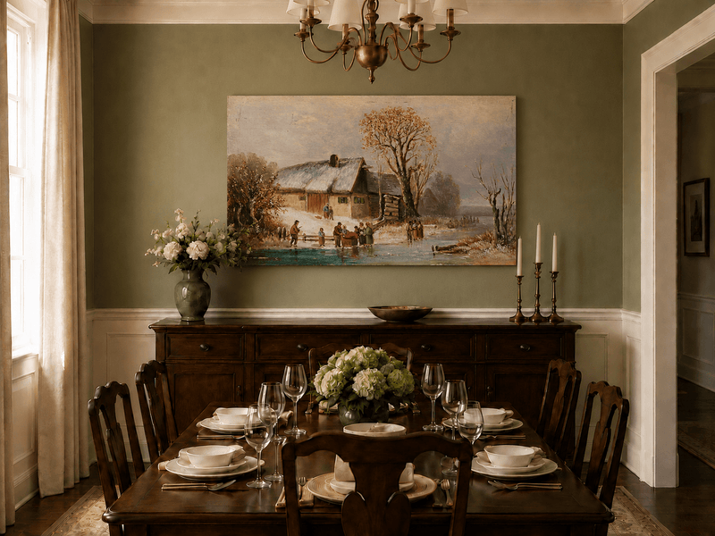Landscape Oil Painting - Winter Riverside Cottage with Figures