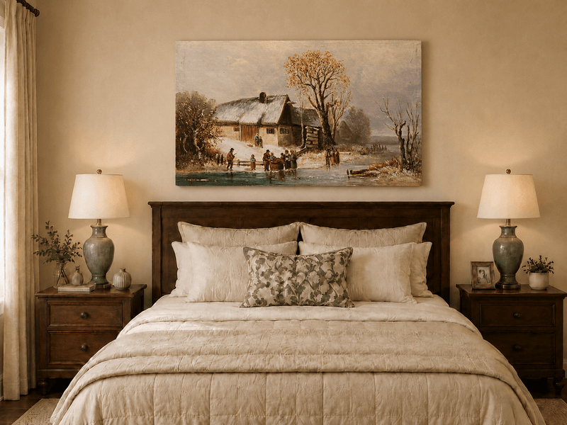Landscape Oil Painting - Winter Riverside Cottage with Figures