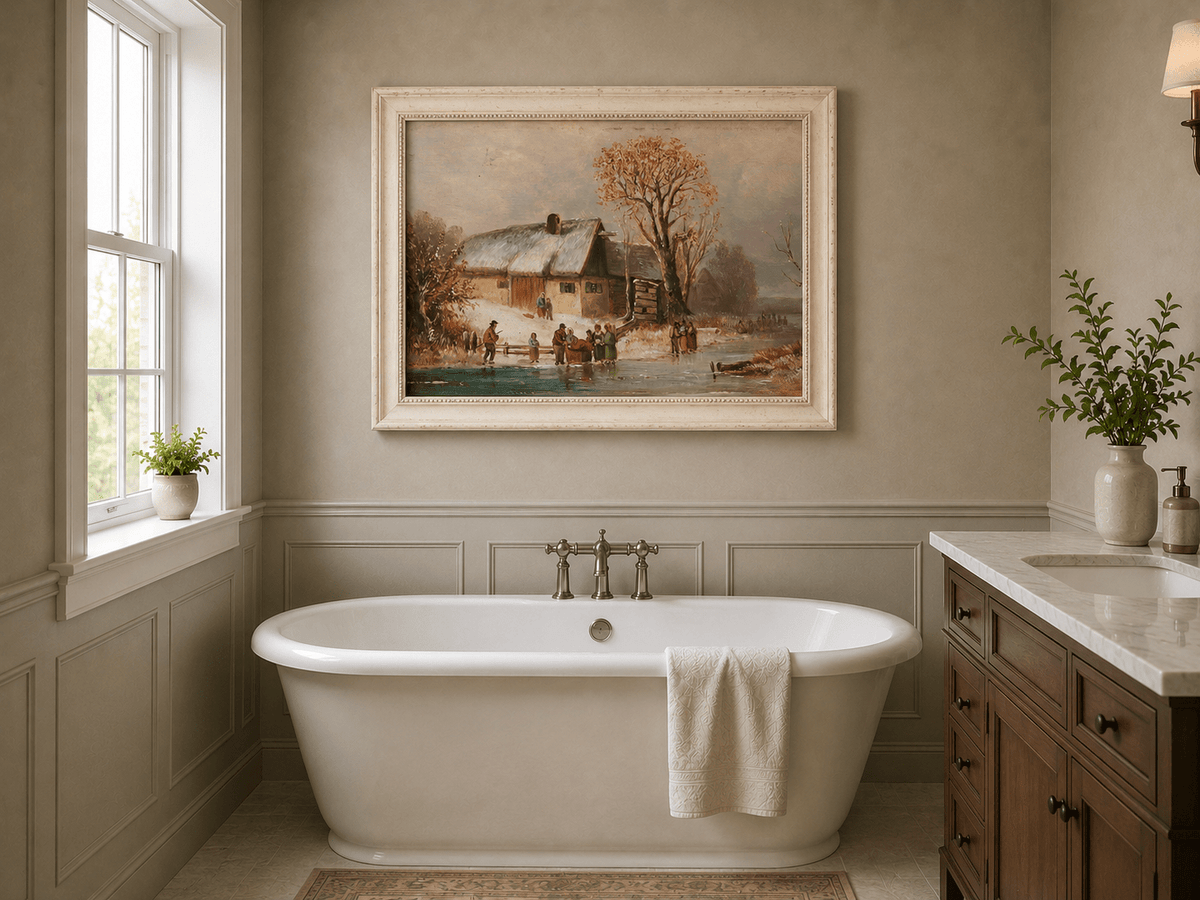 Landscape Oil Painting - Winter Riverside Cottage with Figures