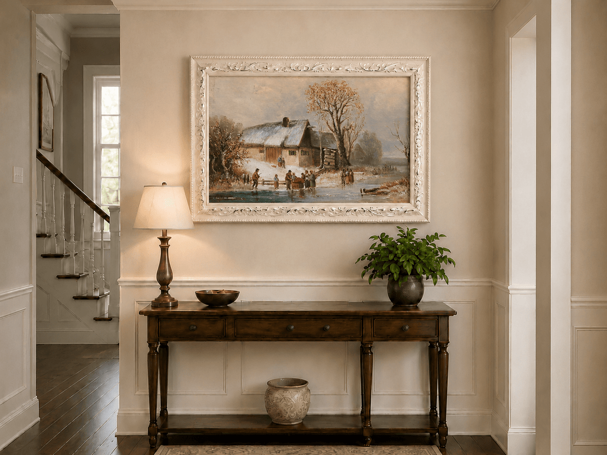 Landscape Oil Painting - Winter Riverside Cottage with Figures