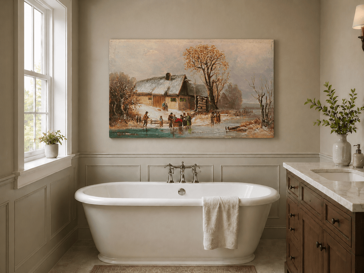 Landscape Oil Painting - Winter Riverside Cottage with Figures