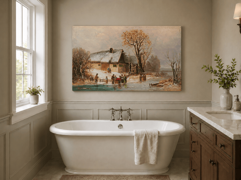 Landscape Oil Painting - Winter Riverside Cottage with Figures