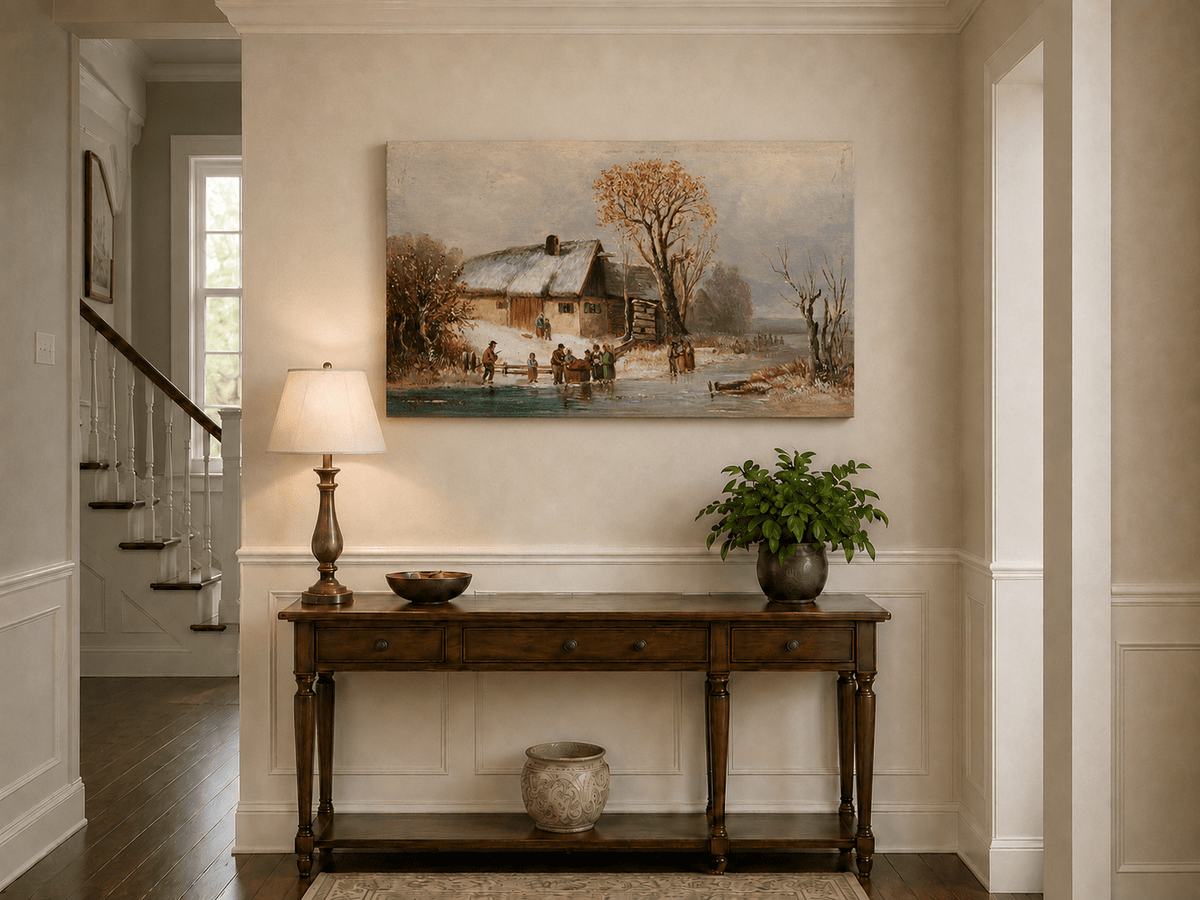 Landscape Oil Painting - Winter Riverside Cottage with Figures