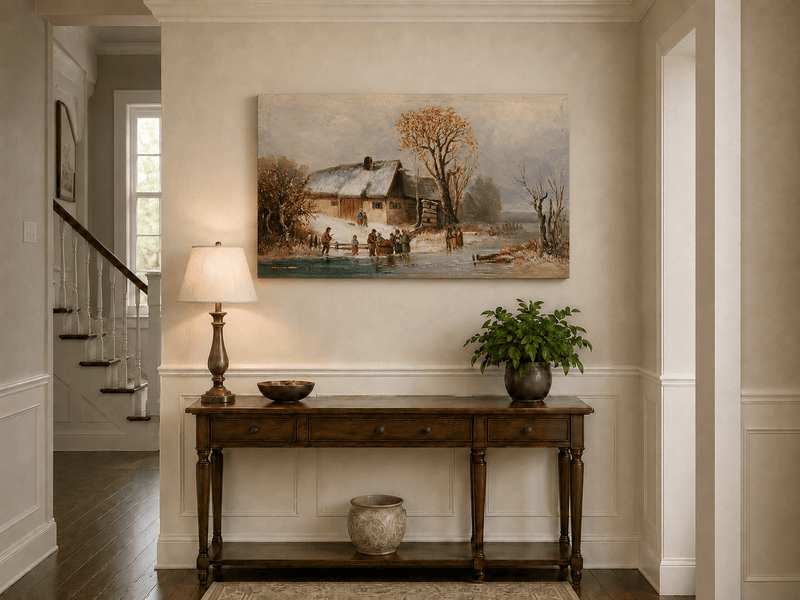 Landscape Oil Painting - Winter Riverside Cottage with Figures