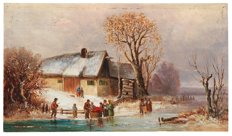 Landscape Oil Painting - Winter Riverside Cottage with Figures - Oil Painting Haven