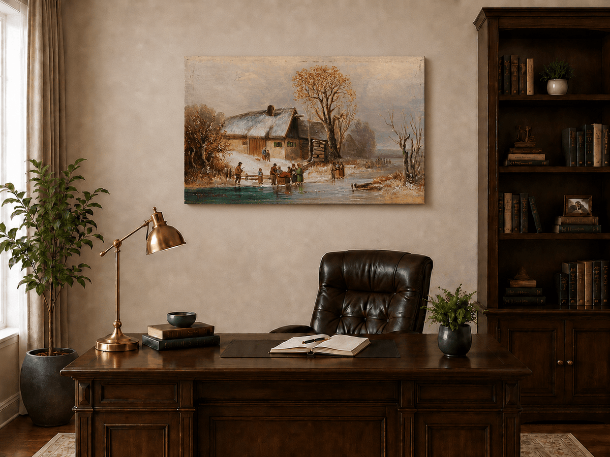 Landscape Oil Painting - Winter Riverside Cottage with Figures