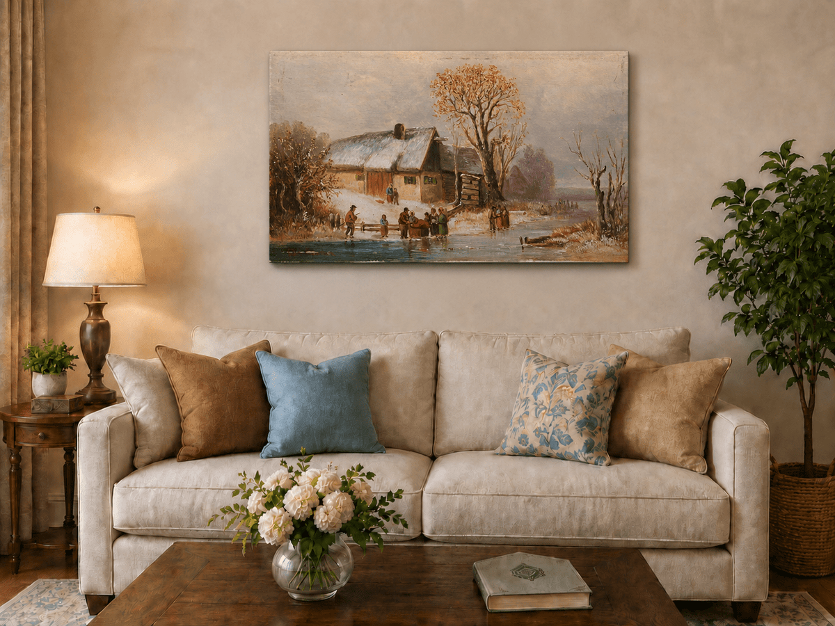 Landscape Oil Painting - Winter Riverside Cottage with Figures