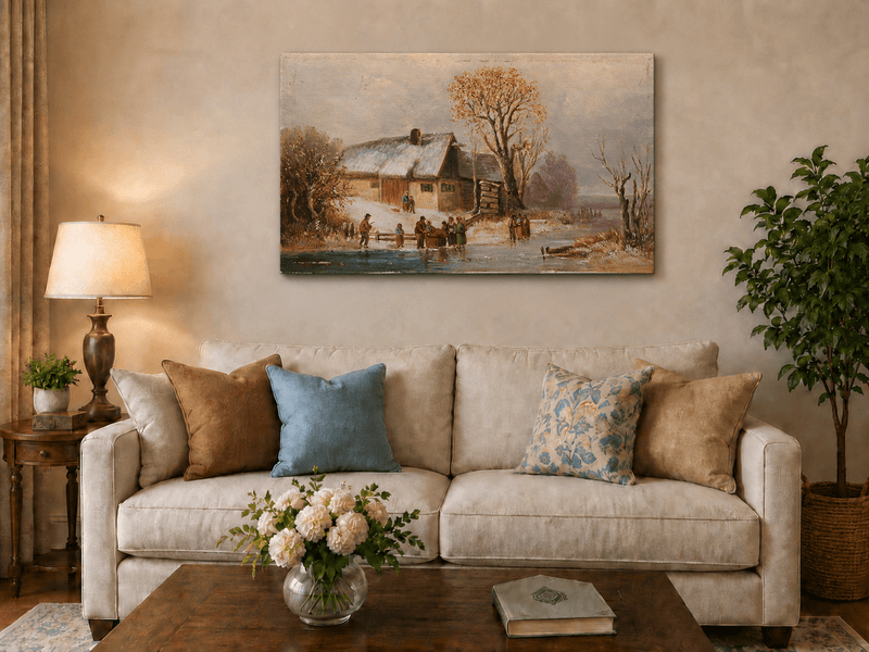Landscape Oil Painting - Winter Riverside Cottage with Figures