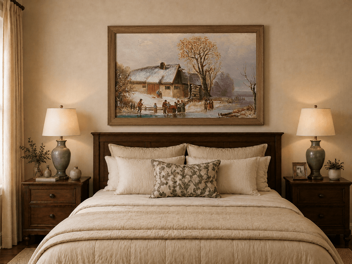 Landscape Oil Painting - Winter Riverside Cottage with Figures